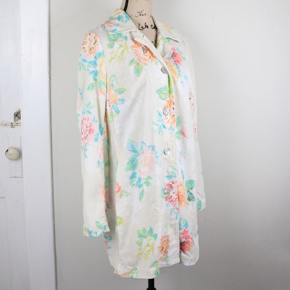 J Jill Women's Size Small Linen Blend Floral Pleated Long Jacket Pockets Boho - Picture 3 of 16